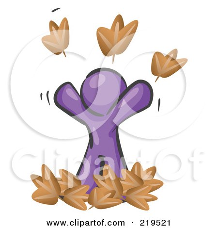 Clipart Illustration of a Carefree Purple Man Tossing Up Autumn Leaves In The Air, Symbolizing Happiness And Freedom by Leo Blanchette