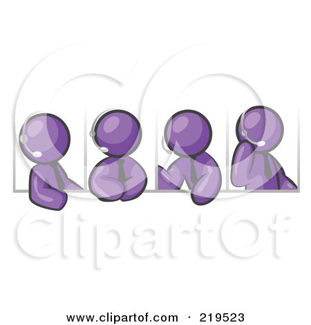 Clipart Illustration of Four Different Purple Men Wearing Headsets And Having A Discussion During A Phone Meeting by Leo Blanchette