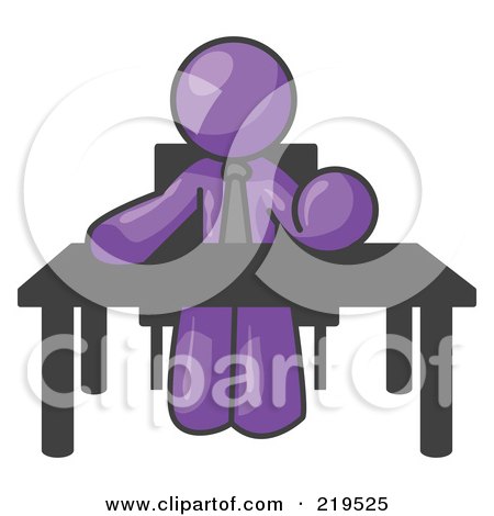 Royalty-Free (RF) Clipart Illustration of a Purple Businessman Seated at a Desk, Instructing Employees by Leo Blanchette