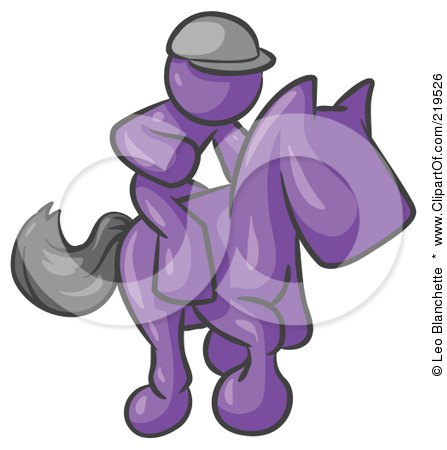 Clipart Illustration of a Purple Man, A Jockey, Riding On A Race Horse And Racing In A Derby by Leo Blanchette
