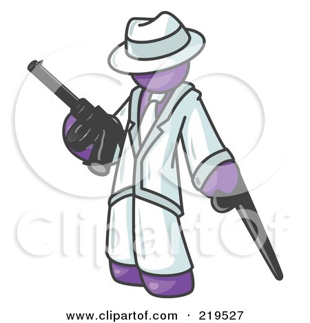 Clipart Illustration of a Purple Gangster Man Carrying a Gun and Leaning on a Cane by Leo Blanchette