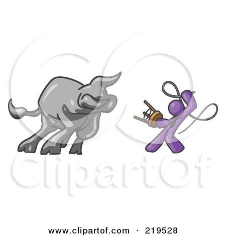 Clipart Illustration of a Purple Man Holding a Stool and Whip While Taming a Bull, Bull Market by Leo Blanchette