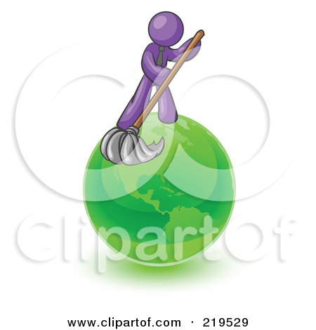 Royalty-Free (RF) Clipart Illustration of a Purple Man Using A Wet Mop With Green Cleaning Products To Clean Up The Environment Of Planet Earth  by Leo Blanchette