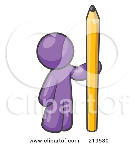 Clipart Illustration of a Purple Man Holding Up And Standing Beside A Giant Yellow Number Two Pencil by Leo Blanchette
