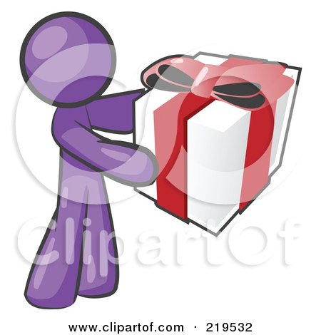 Clipart Illustration of a Thoughtful Purple Man Holding A Christmas, Birthday, Valentine's Day Or Anniversary Gift Wrapped In White Paper With Red Ribbon And A Bow by Leo Blanchette