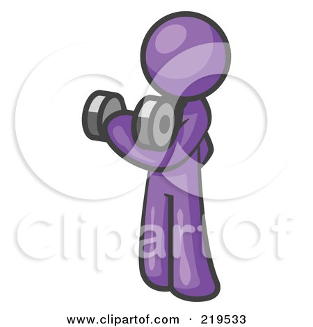 Royalty-Free (RF) Clipart Illustration of a Purple Design Mascot Doing Bicep Curls by Leo Blanchette