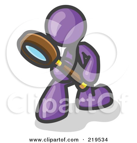 Clipart Illustration of a Purple Man Bending Over to Inspect Something Through a Magnifying Glass by Leo Blanchette