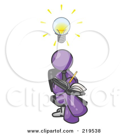 Clipart Illustration of a Smart Purple Man Seated With His Legs Crossed, Brainstorming and Writing Ideas Down in a Notebook, Lightbulb Over His Head by Leo Blanchette