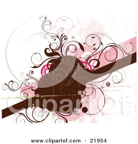 Clipart Picture Illustration of a Brown Worn Text Space With A Bar And Brown And Pink Vines And Circles On A Pink And White Background by OnFocusMedia