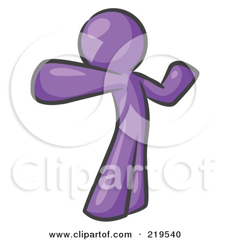 Clipart Illustration of a Purple Man Stretching His Arms And Back Or Punching The Air by Leo Blanchette