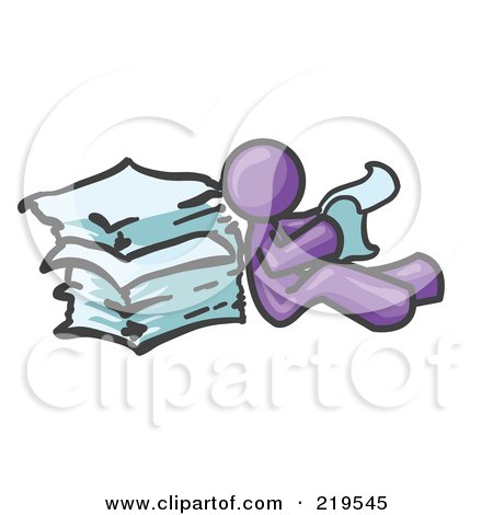 Royalty-Free (RF) Clipart Illustration of a Purple Man Leaning Against a Stack of Papers by Leo Blanchette