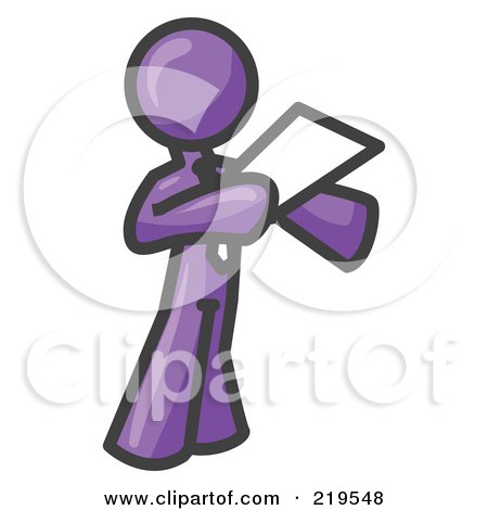 Clipart Illustration of a Purple Businessman Holding a Piece of Paper During a Speech or Presentation by Leo Blanchette