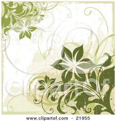Clipart Picture Illustration of Flowering Green Plants Over A White And Tan Grunge Background by OnFocusMedia