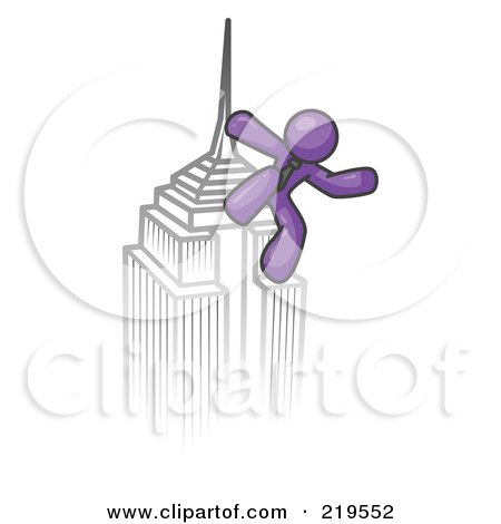 Clipart Illustration of a Purple Man Climbing to the Top of a Skyscraper Tower Like King Kong, Success, Achievement by Leo Blanchette