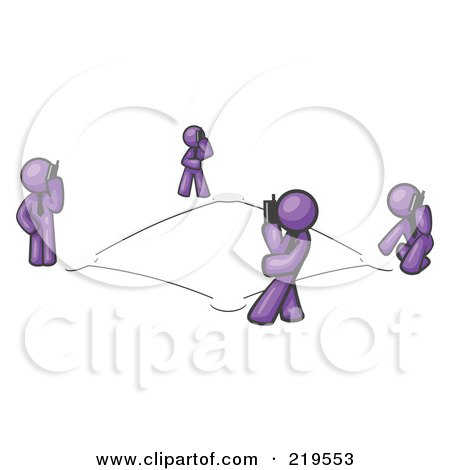 Royalty-Free (RF) Clipart Illustration of a Wireless Telephone Network of Purple Men Talking on Cell Phones by Leo Blanchette