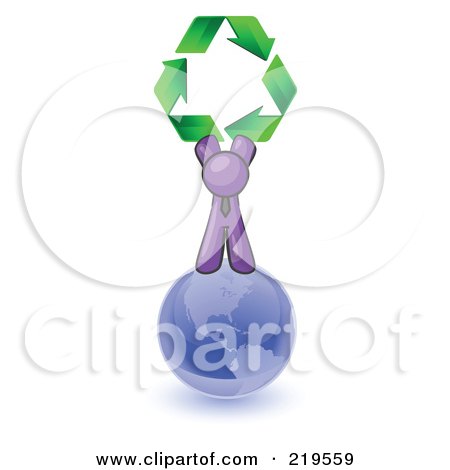 Clipart Illustration of a Purple Man Standing On Top Of The Blue Planet Earth And Holding Up Three Green Arrows Forming A Triangle And Moving In A Clockwise Motion, Symbolizing Renewable Energy And Recycling by Leo Blanchette