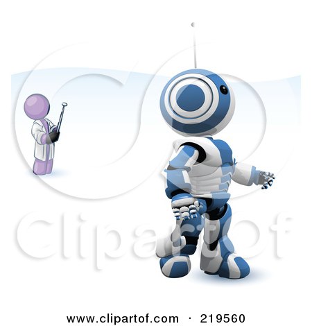 Clipart Illustration of a Purple Man Inventor Operating An Blue Robot With A Remote Control by Leo Blanchette