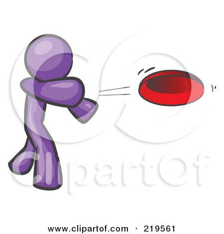 Clipart Illustration of a Purple Man Tossing A Red Flying Disc Through The Air For Someone To Catch by Leo Blanchette
