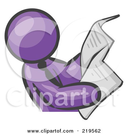 Clipart Illustration of a Purple Man Wearing A Tie, Leaning Back And Reading The Daily News In A Newspaper by Leo Blanchette