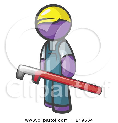 Royalty-Free (RF) Clipart Illustration of a Purple Man Design Mascot With A Red Pipe Wrench by Leo Blanchette