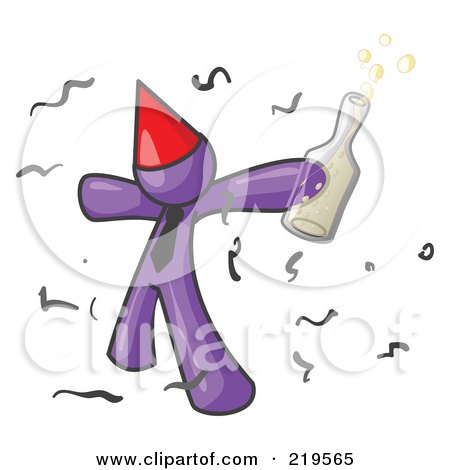 Clipart Illustration of a Happy Purple Man Partying With a Party Hat, Confetti and a Bottle of Liquor by Leo Blanchette