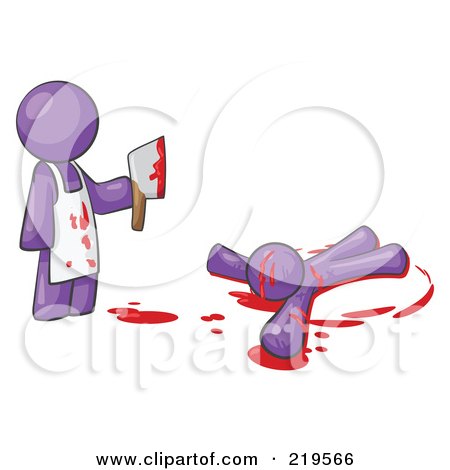 Royalty-Free (RF) Clipart Illustration of a Purple Man Killer Holding A Cleaver Knife Over A Bloody Body by Leo Blanchette