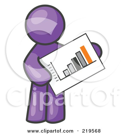 Royalty-Free (RF) Clipart Illustration of a Purple Man Holding A Bar Graph Displaying An Increase In Profit by Leo Blanchette