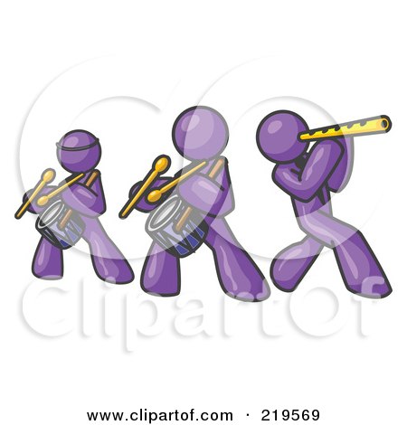 Clipart Illustration of Three Purple Men Playing Flutes and Drums at a Music Concert by Leo Blanchette