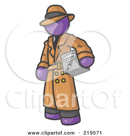 Clipart Illustration of a Secretive Purple Man in a Trench Coat and Hat, Carrying a Box With a Question Mark on it by Leo Blanchette
