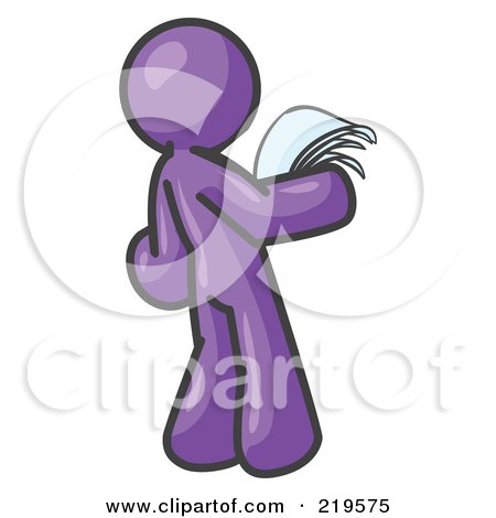 Clipart Illustration of a Serious Purple Man Reading Papers and Documents by Leo Blanchette