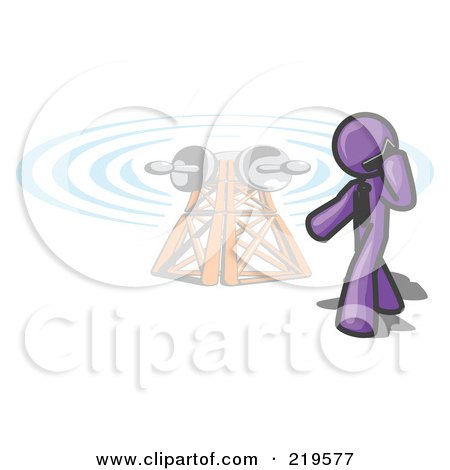 Clipart Illustration of a Purple Businessman Talking on a Cell Phone, a Communications Tower in the Background by Leo Blanchette