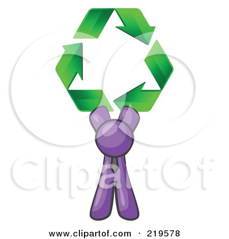 Clipart Illustration of a Purple Man Holding Up Three Green Arrows Forming A Triangle And Moving In A Clockwise Motion, Symbolizing Renewable Energy And Recycling by Leo Blanchette