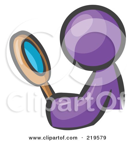 Clipart Illustration of a Purple Man Inspecting Something Through A Magnifying Glass by Leo Blanchette