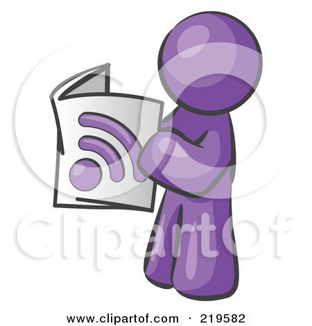 Clipart Illustration of a Purple Man Standing And Reading An RSS Magazine by Leo Blanchette