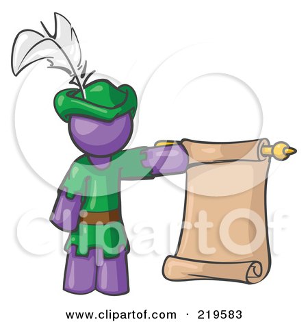Royalty-Free (RF) Clipart Illustration of a Purple Man Dressed As Robin Hood With A Feather In His Hat, Holding A Blank Scroll And Acting As A Pageboy by Leo Blanchette