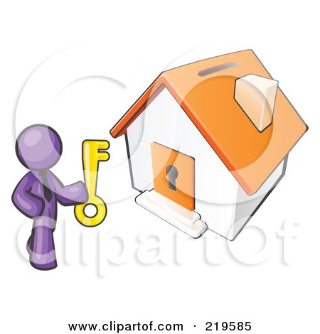 Clipart Illustration of a Purple Businessman Holding A Skeleton Key And Standing In Front Of A House With A Coin Slot And Keyhole by Leo Blanchette