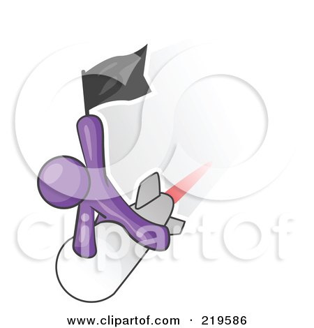 Clipart Illustration of a Purple Man Waving A Flag While Riding On Top Of A Fast Missile Or Rocket, Symbolizing Success by Leo Blanchette