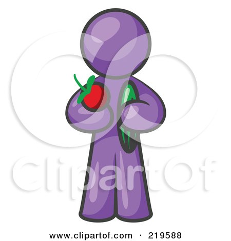 Clipart Illustration of a Healthy Purple Man Carrying A Fresh And Organic Apple And Cucumber by Leo Blanchette