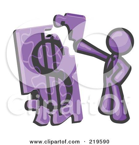 Clipart Illustration of a Purple Businessman Putting a Dollar Sign Puzzle Together by Leo Blanchette