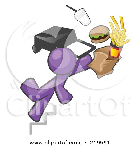Royalty-Free (RF) Clipart Illustration of a Purple Man Tripping On Stairs, With Fast Food And A Rolling Briefcase Flying by Leo Blanchette