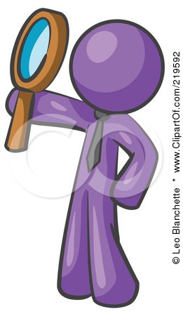 Clipart Illustration of a Purple Man Holding Up A Magnifying Glass And Peering Through It While Investigating Or Researching Something  by Leo Blanchette