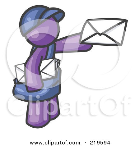 Clipart Illustration of a Purple Mail Man Delivering a Letter by Leo Blanchette