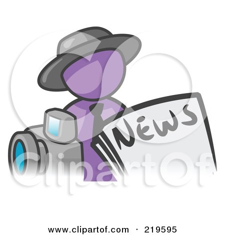 Clipart Illustration of a Purple Man Wearing A Hat, Posed In Front Of The News And A Camera by Leo Blanchette