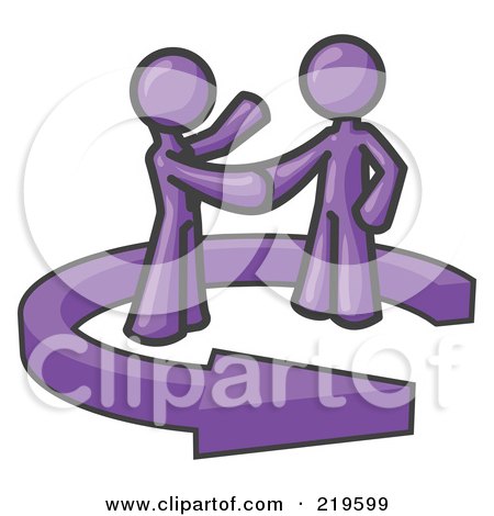 Clipart Illustration of a Purple Salesman Shaking Hands With a Client While Making a Deal by Leo Blanchette