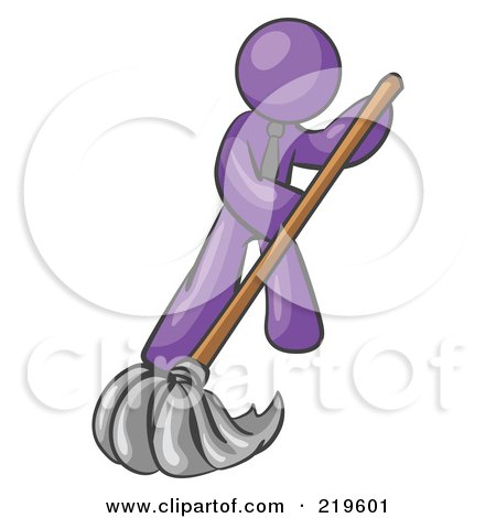 Clipart Illustration of a Purple Man Wearing A Tie, Using A Mop While Mopping A Hard Floor To Clean Up A Mess Or Spill by Leo Blanchette