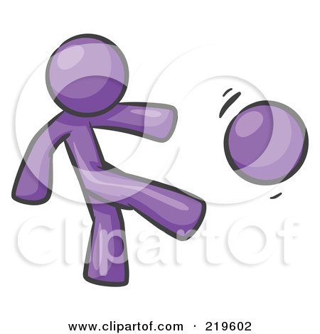 Clipart Illustration of a Purple Man Kicking A Ball Really Hard While Playing A Game by Leo Blanchette