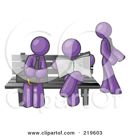Clipart Illustration of Purple Men at a Bench at a Bus Stop  by Leo Blanchette