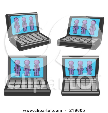 Clipart Illustration of Four Laptop Computers With Three Purple Men on Each Screen by Leo Blanchette