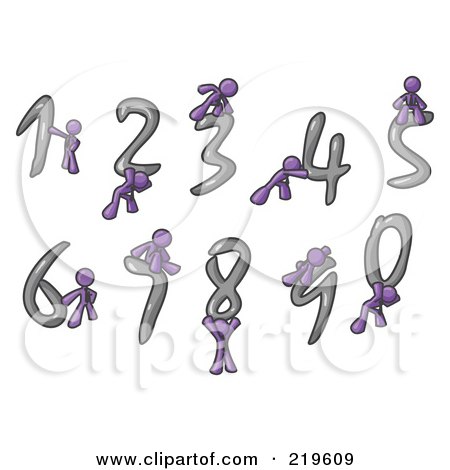 Clipart Illustration of Purple Men With Numbers 0 Through 9 by Leo Blanchette