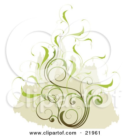 Clipart Picture Illustration of a Delicate Green Leafy Scrolling Vine Over A Tan And White Background by OnFocusMedia